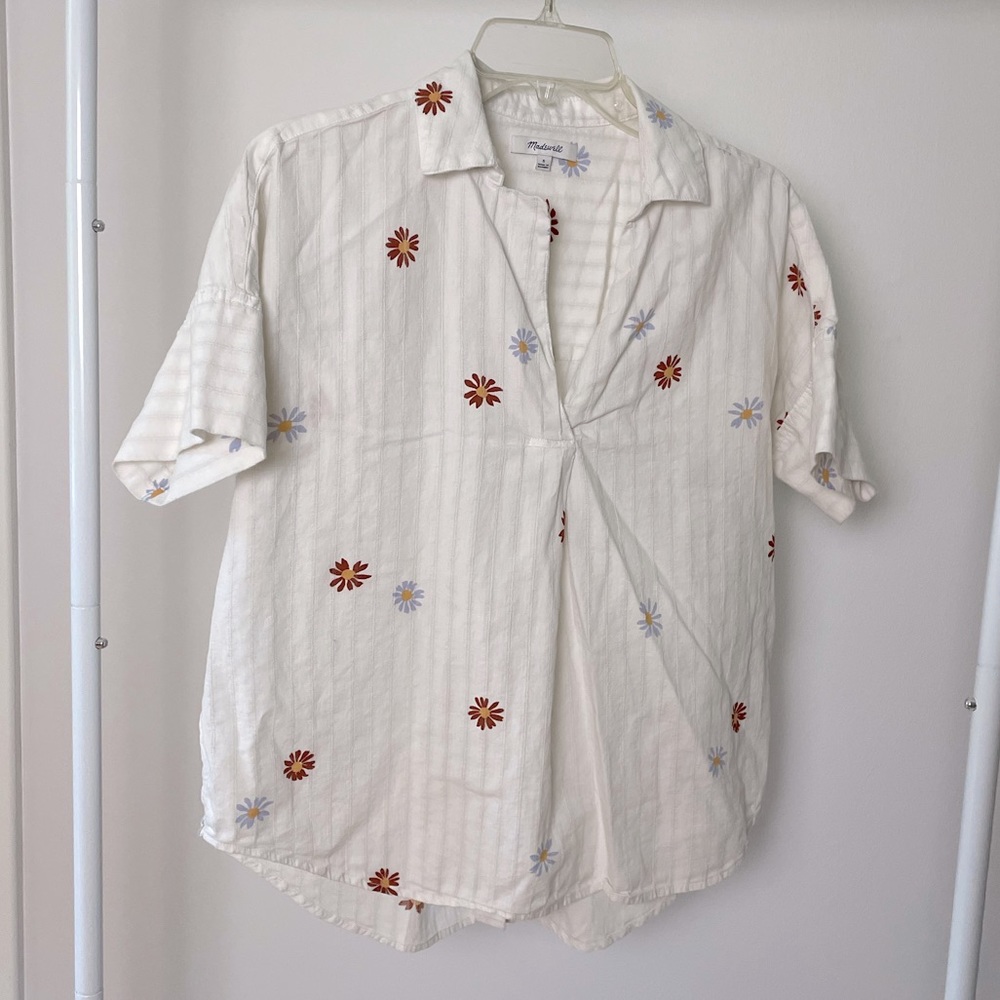 Madewell, Flower Embroidered Daisy Blouse, White, Size Small